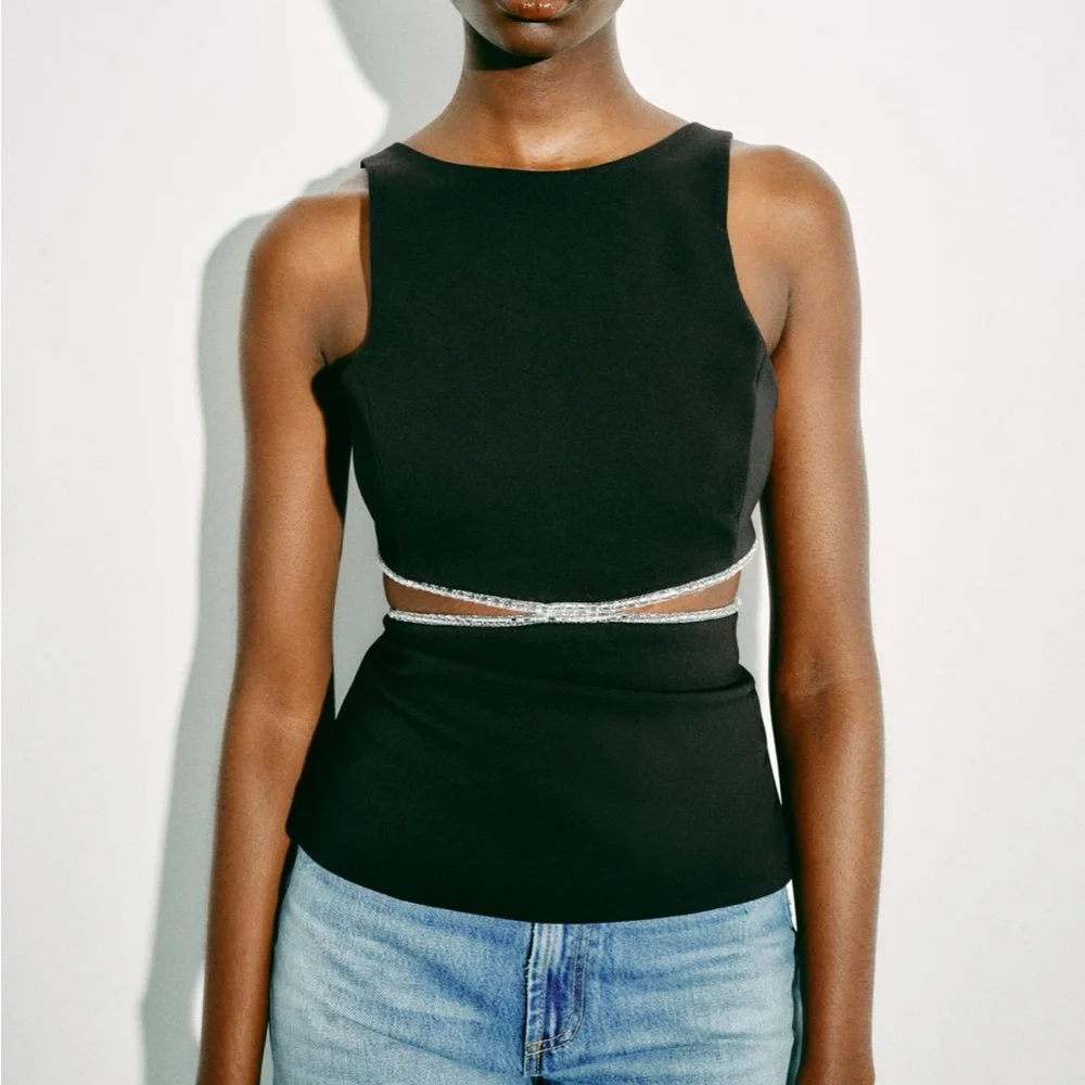 Zara limited edition rhinestone jewel cut out top - Picture 3 of 10